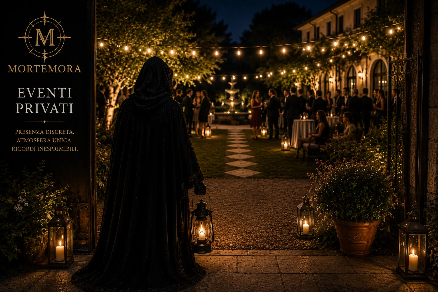 Il Testimone MORTEMORA di spalle con la lanterna, all'ingresso di un giardino privato illuminato durante un ricevimento serale